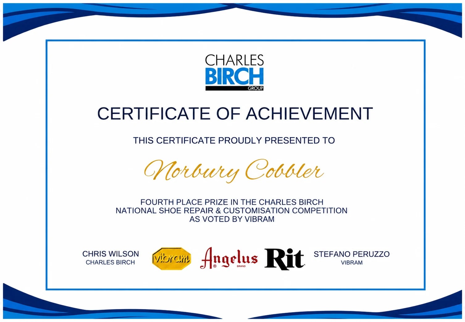 Charles Birch Group Certificate of Achievement: fourth place prize in the Charles Birch National Shoe Repair & Customisation Competition, as voted by Vibram, presented to Norbury Cobbler
