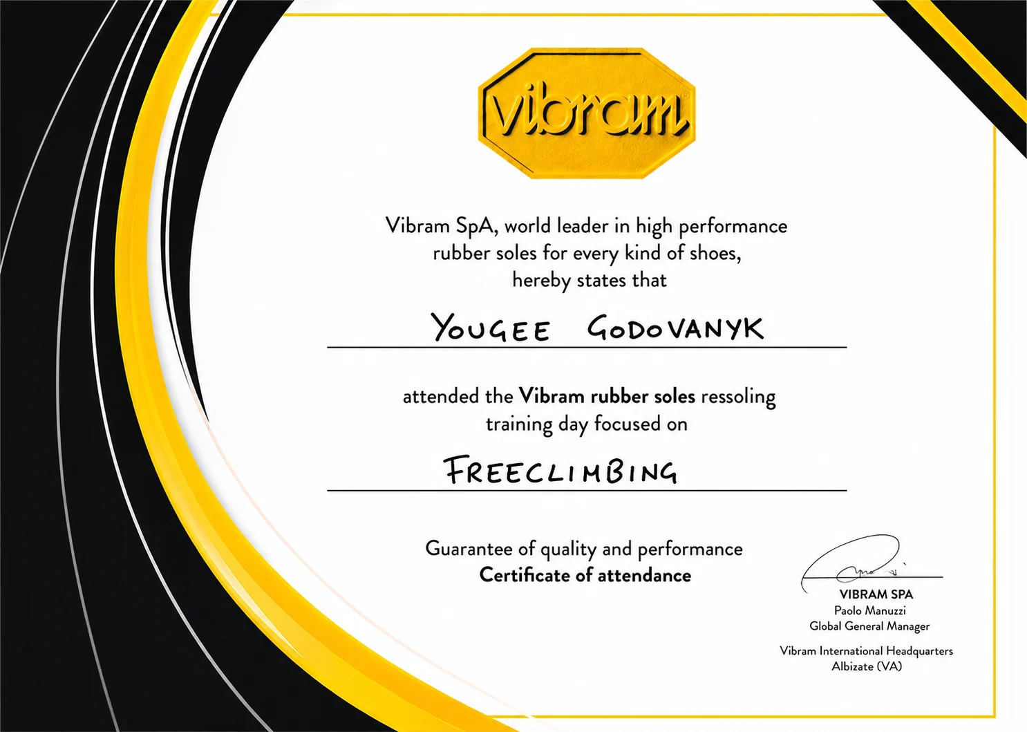 Vibram SpA certificate of attendance: YouGee Godovanyk attended the Vibram rubber soles resoling training day focused on freeclimbing
