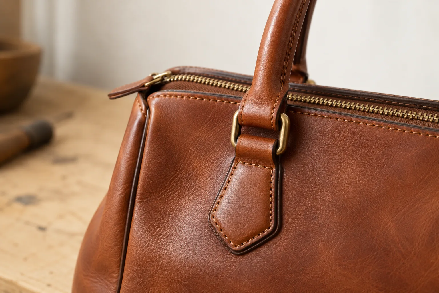 Close view of a cognac leather bag handle secured to a stitched tab with a brass ring beside the zip