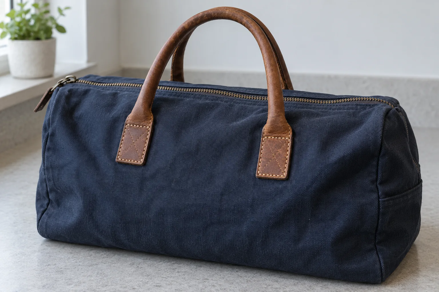 Stitched brown leather handle attachments on a navy canvas travel bag