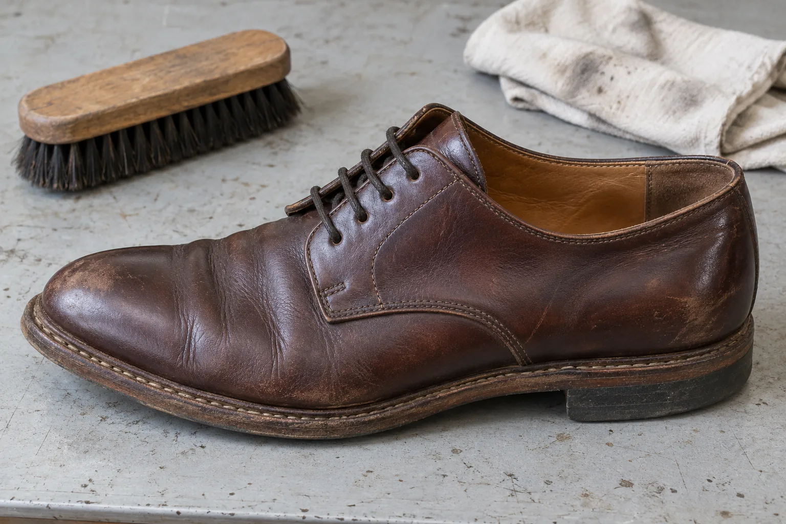 A worn brown Derby shoe showing its leather sole edge and heel beside a brush