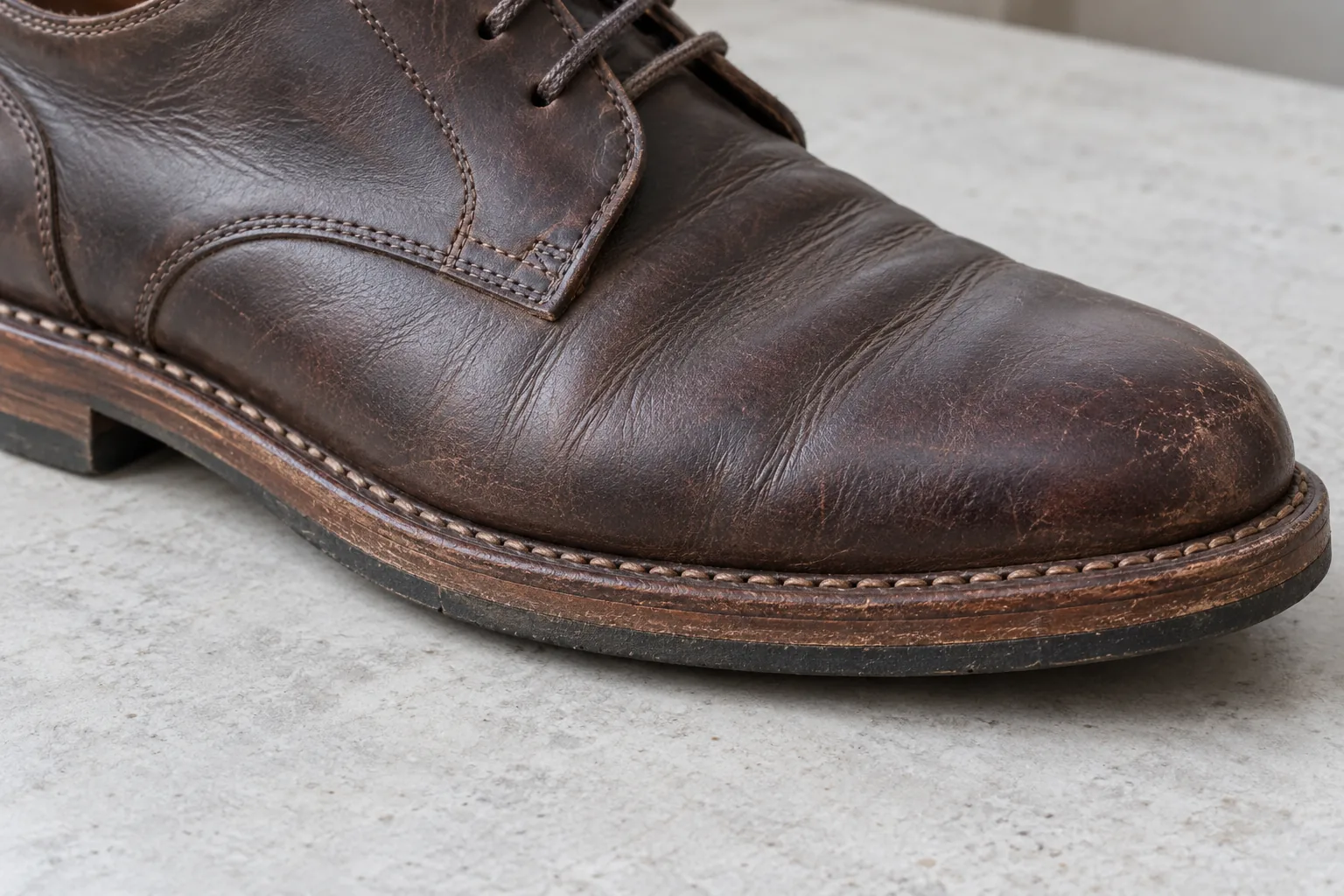 Welt stitching and layered sole construction on a brown leather shoe
