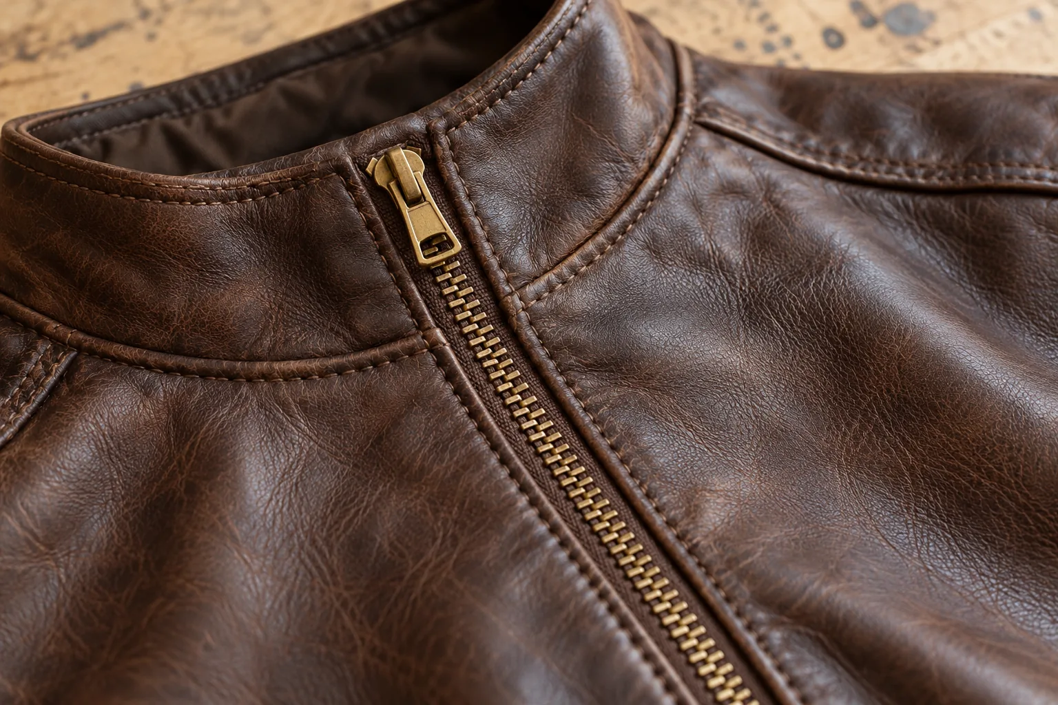 A closed brass zip ending at the collar of a brown leather jacket, with fabric tapes and stitched seams