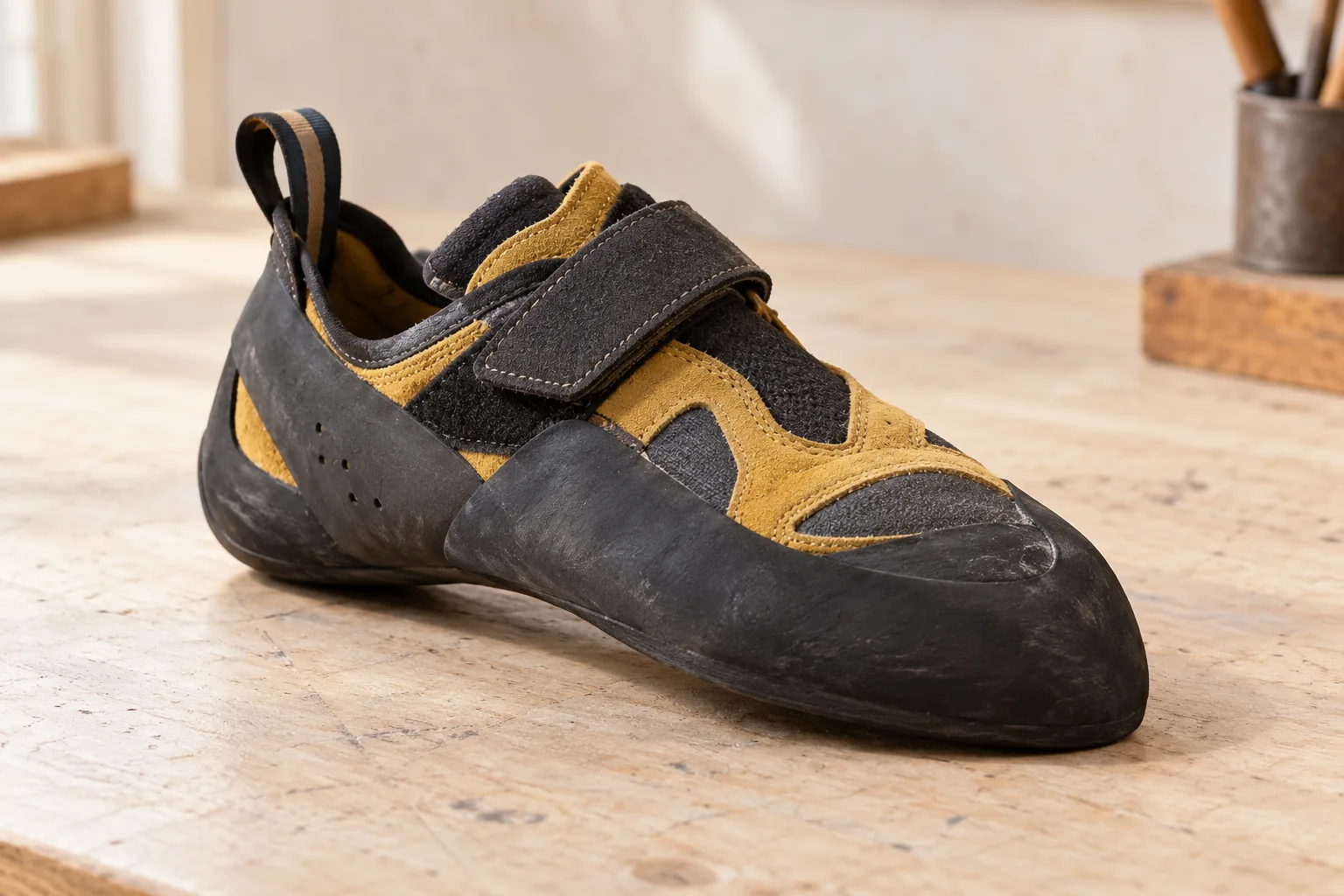 A charcoal and mustard climbing shoe with a dark rubber toe and heel on a pale bench