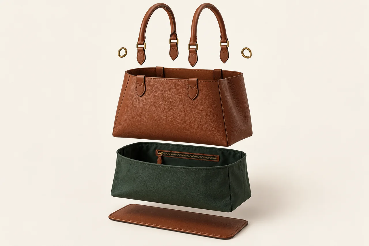 Representative bags & leather goods construction with separated layers and components