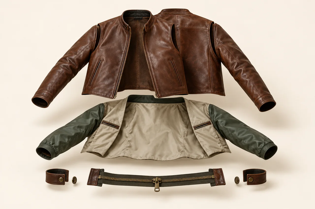 Representative leather clothing construction with separated layers and components
