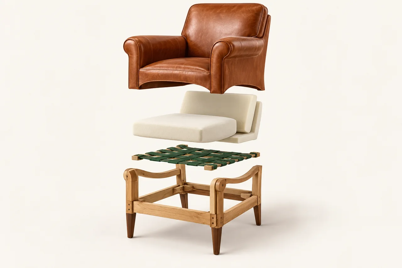 Representative leather interiors construction with separated layers and components