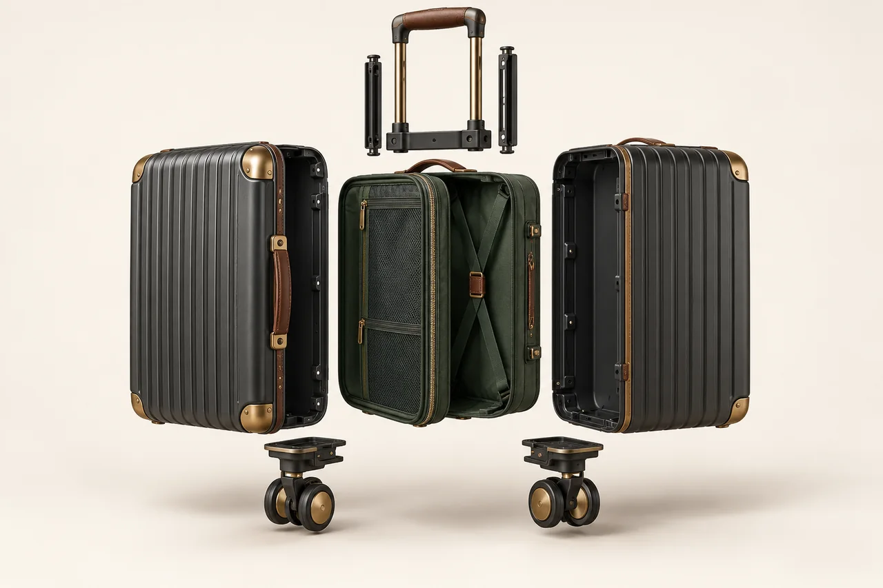 Representative luggage & travel construction with separated layers and components